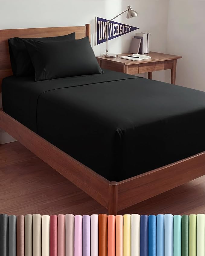 Extra Deep Twin XL Sheet Set - 4 Piece College Dorm Room - Black | College Dorm Room Essentials, Easy & Secure Fit, Ultra-Soft, Wrinkle & Fade Free, Comfy Sheets Set with Extra Deep Pockets