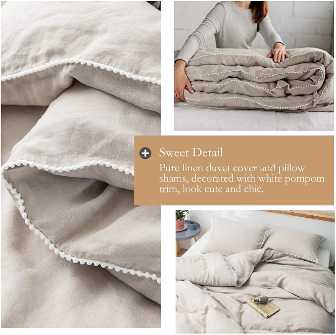 Simple&Opulence 100% Washed Linen Duvet Cover with Embroidered,3 Pieces Soft Farmhouse Comforter Set with Button Closure,1 Duvet Cover and 2 Pillowshams(Queen,Natural Linen)