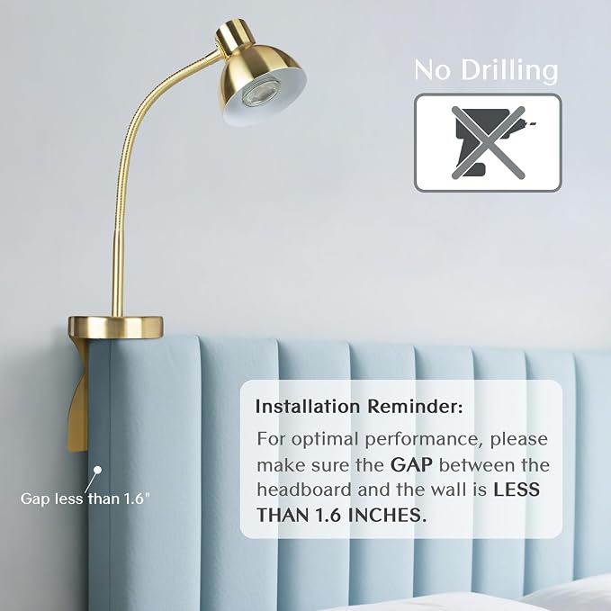 Patented Innovative Design Headboard Reading Light Pro. No Drilling Book Light for Bedtime Reading. Dimmable LED Book Reading Lamp with Bulb. Movable & Flexible, Gold