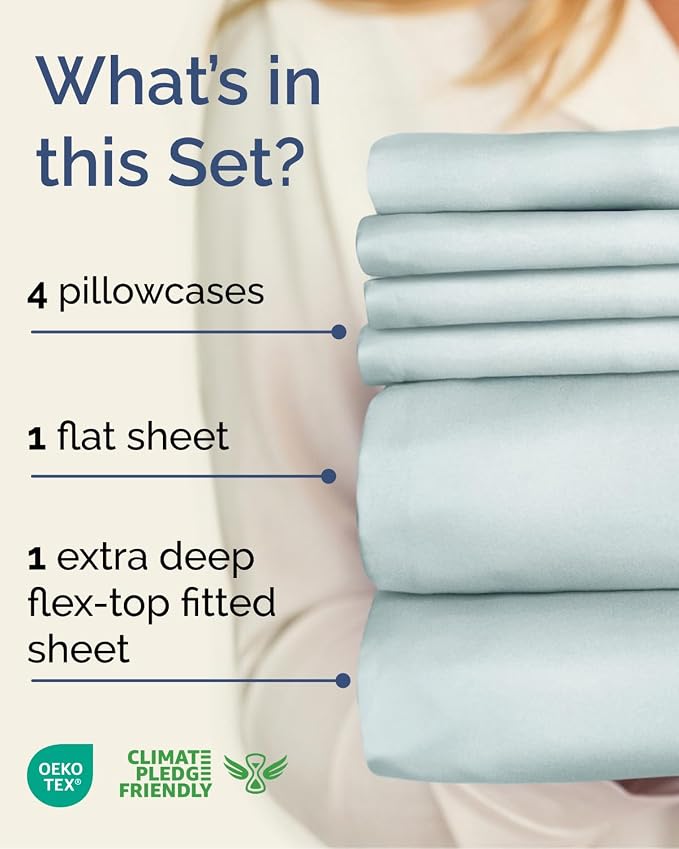 Flex Top Split Head King 6 Piece Sheet Set - Soft & Cooling - Ice Blue | Ultra Soft Hotel Luxury Bedding Set w/ 8-16 Inch Deep Pockets, 1 Flat & 1 Split-Head Fitted Sheet & 4 Pillowcases, Fade Free