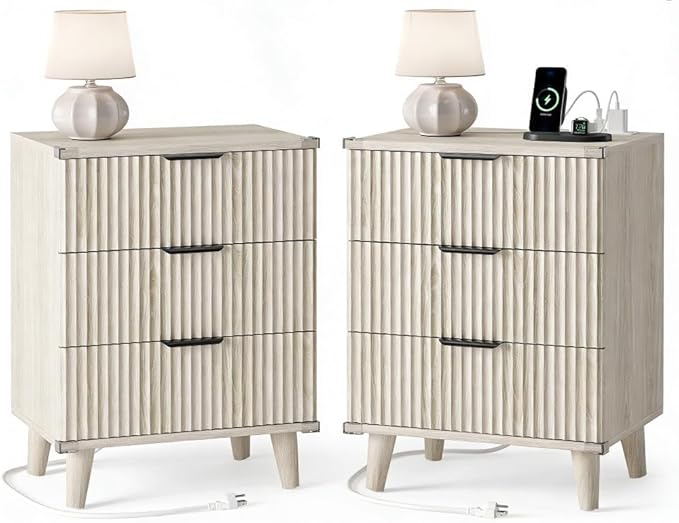 Wood Nightstands Set of 2 w/Charging Station, 3 Drawers Fluted Dresser | Grey White, Large Drawers, Metal Silent Rails, FSC Wooden, Sturdy Legs, Modern Fluted Panel, Living Room, Bedside Table