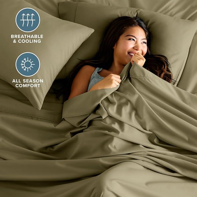 Bare Home Twin Sheet Set - 1800 Ultra-Soft (Twin, Olive) | Deep Pockets 6 to 15 Inches, Breathable, Hypoallergenic, Hotel Luxury, Easy Fit, Soft, All-Season