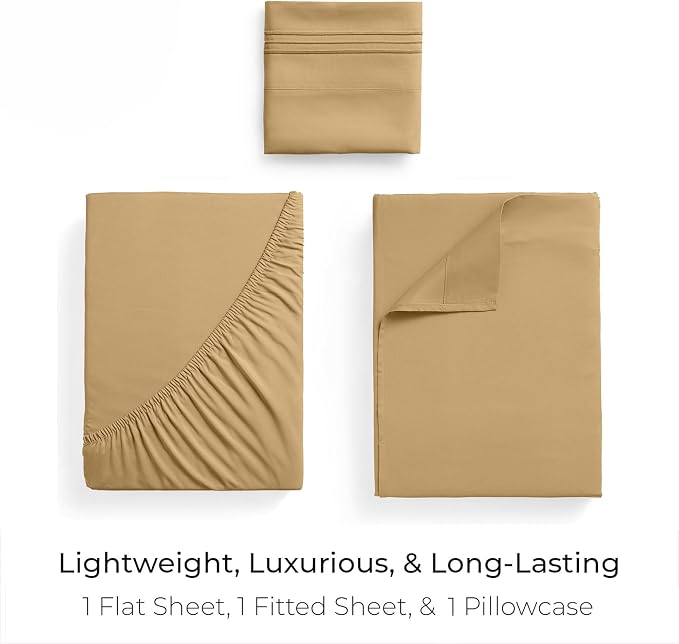 Mellanni Iconic 3-Piece, Ultra Soft Sheet Set (Twin XL, Gold) | 10M+ Sleepers. Lab-tested: Sleeps Cool, Stays Bright, Strong, Smooth. Good Housekeeping Best Bedding, 7 yrs running.