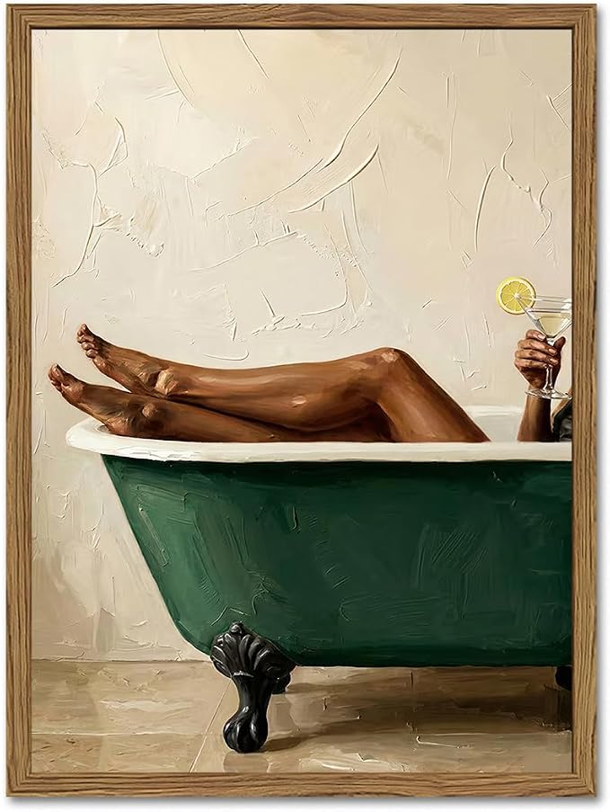 Black Woman Green Bathtub Wall Art Modern Luxury Bathroom Wall Decor Painting, Vintage Afrocentric Girl Bathroom Poster Canvas Print Picture 16x24 inch Wood Framed