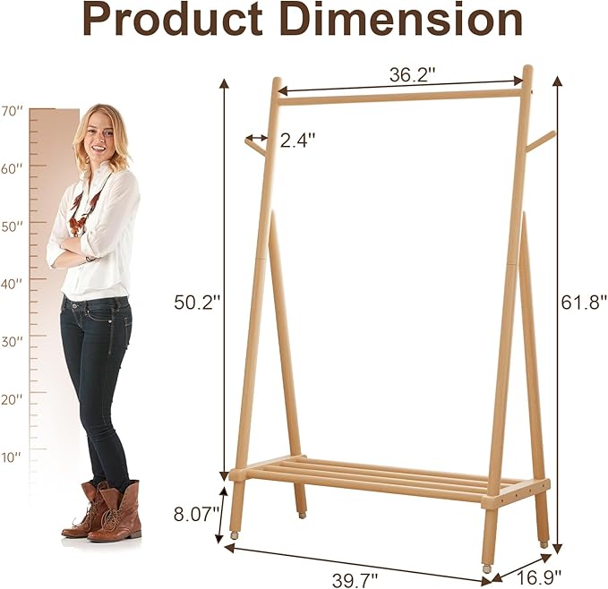 Muwuele Solid Wood Clothing Rack, Rolling Clothes Rack for Hanging Clothes, Garment Rack with Shelves Load 350 Lbs, Portable Closet Organizer on Wheels for Hanging Clothes (Natural)