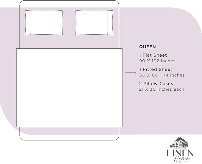 Linen Home 100% Cotton Percale Sheets Queen, 16" Deep Pocket - 4Pc Set, Crisp Cool Breathable Bed Linen, Made in Green, Iris Lilac