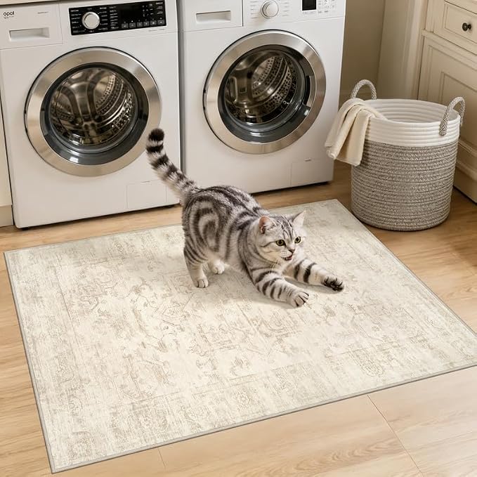 Washable Area Rugs 2x3: Living Room Bedroom Carpet Beige/Brown | Vintage Boho Indoor Decor Soft Small Entryway Throw Neutral Kitchen Bathroom Laundry Floor Non-Slip Low Pile Entrance Rug
