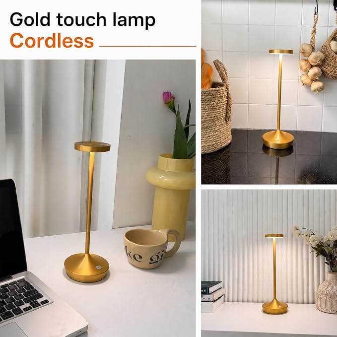 2 Pack Gold Cordless Table Lamps, Rechargeable 6000mAh, 72H Runtime | Stepless Touch Dimming with 3 Color Modes & Memory Function, Portable IP54 Waterproof for Home/Dinner/Patio/Restaurant (Gold)