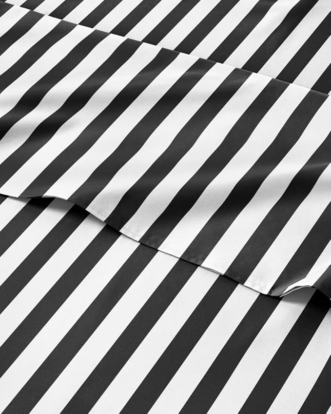 Twin XL 3 Piece Striped Sheet Set - Breathable & Cooling - Black Pinstripe | 1 Flat, 1 Fitted & 1 Pillowcase w/ Deep Pockets, Luxury Striped Bedding, Soft, Breathable & Cooling, Wrinkle & Fade Free
