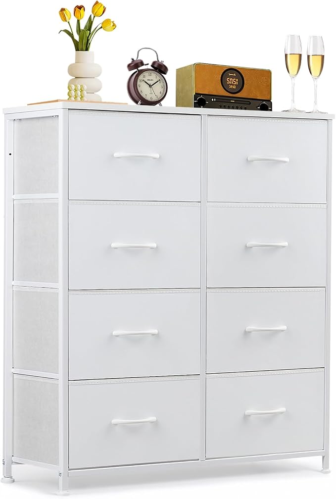 8-Drawer Dresser for Bedroom, Anti-Tip Tall Storage Organizer | Chest of Drawers with Wooden Top and Metal Frame Fabric Bins for Closet, Living Room, Hallway, Entryway, White