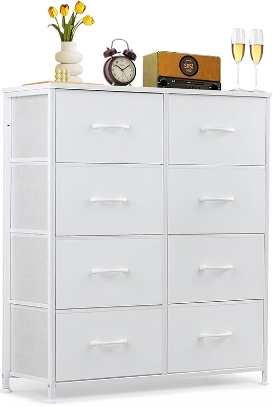 8-Drawer Dresser for Bedroom, Anti-Tip Tall Storage Organizer | Chest of Drawers with Wooden Top and Metal Frame Fabric Bins for Closet, Living Room, Hallway, Entryway, White