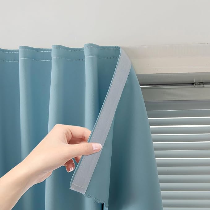 Self Adhesive Curtains, Black Out Shade for Window, Blackout Fabric Temporary Window Coverings Easy to Hang Curtains No Rod Needed, Use for Bedroom, Room, Kitchen, 47"W X 59"L, Lake Blue, 2 Panels