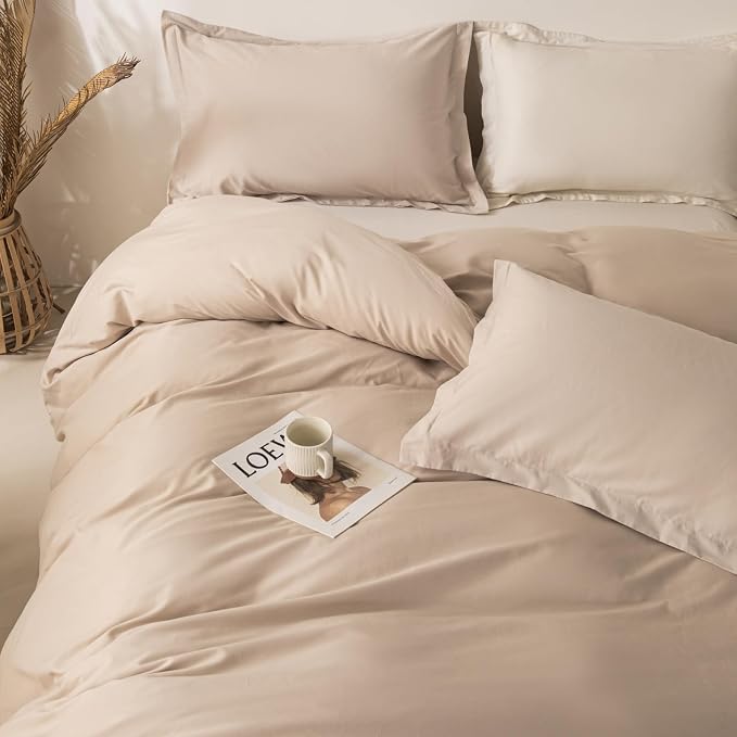 OAITE Duvet Cover Set 100% Washed Cotton Solid 3pcs | Soft,Durable,Long-staple Cotton,Hidden Zipper with 8 Interior Corner Ties,2 Pillowcases,68"X90"