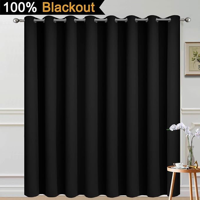 Yakamok Black 100% Blackout Patio Door Curtain Panels W100 x L96,1 Panel | Noise Reducing Barrier Panel for Sliding Glass Door, 2 Thick Layers Heat Full Light Blocking Patio Door Drapery