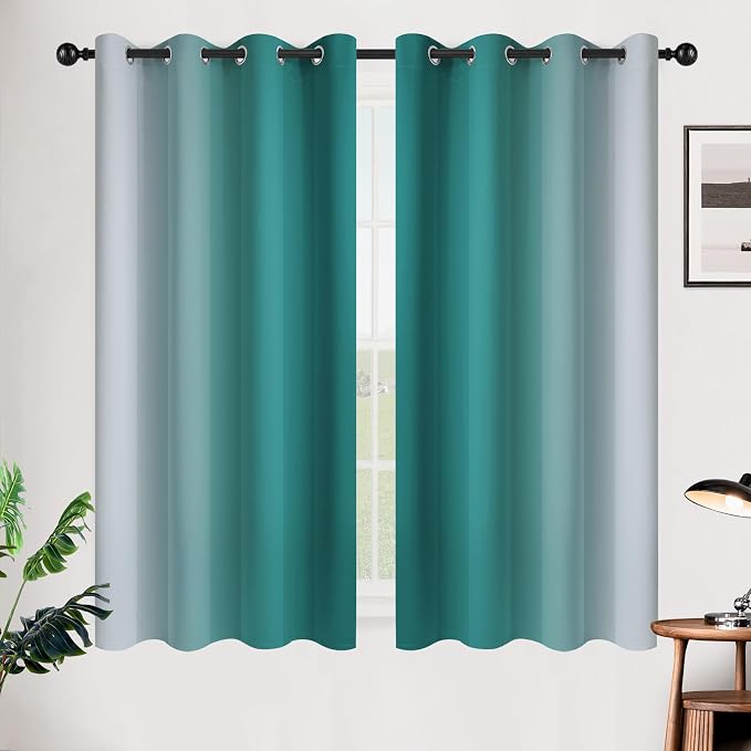 SimpleHome Ombre Teal to Grey White Curtains for Living Room 52Wx54L | Room Darkening Curtains for Bedroom,Gradient Light Blocking Curtain,Thermal Insulated Grommet Window Drapes,2 Panels,54 Inch