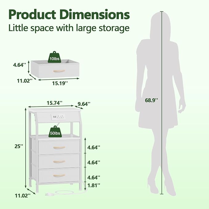 Furnulem White Nightstand with Charging Station, 3 Drawers Bedside Table | 28.3 Inch Tall Dorm Night Stand with Fabric Drawers, Storage End Table with Outlets, Small Dresser for Bedroom, 3 Ways to Use