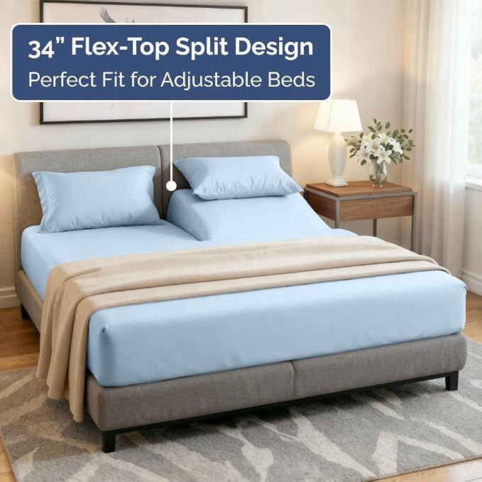 Flex Top Split Head King 4 Piece Sheet Set - Soft & Breathable - Light Blue | Cooling Bed Sheets Set, Hotel Luxury Bedding for Women & Men with Deep Pockets, Wrinkle Free & Fade Resistant, Oeko-Tex