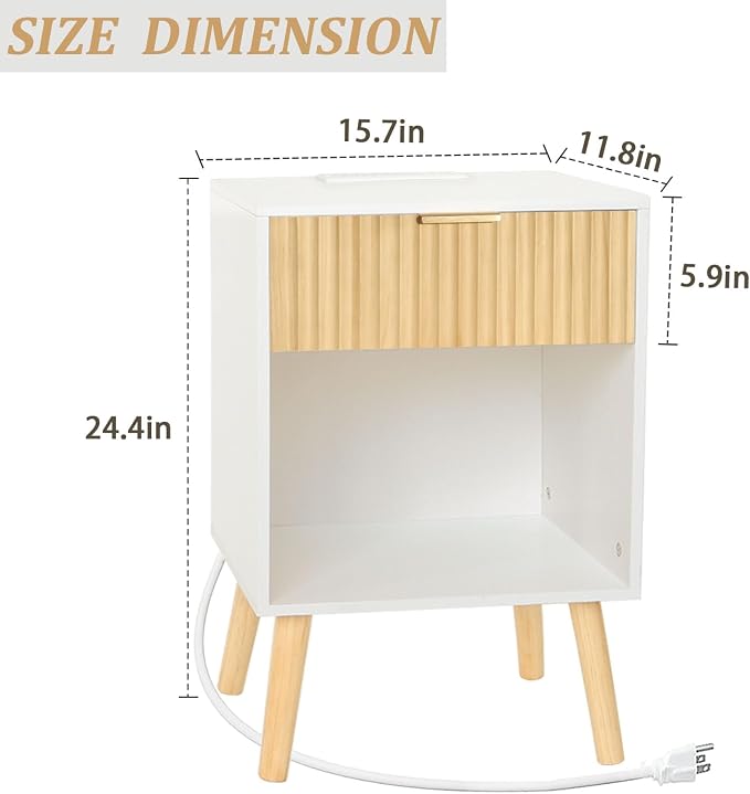 Fultyle Night Stand with Charger Station, Modern Wood Nightstand with Drawer and Outlet, Fluted Bedside Table End Table with Solid Wood Legs for Bedroom, Living Room, Office (White Oak)