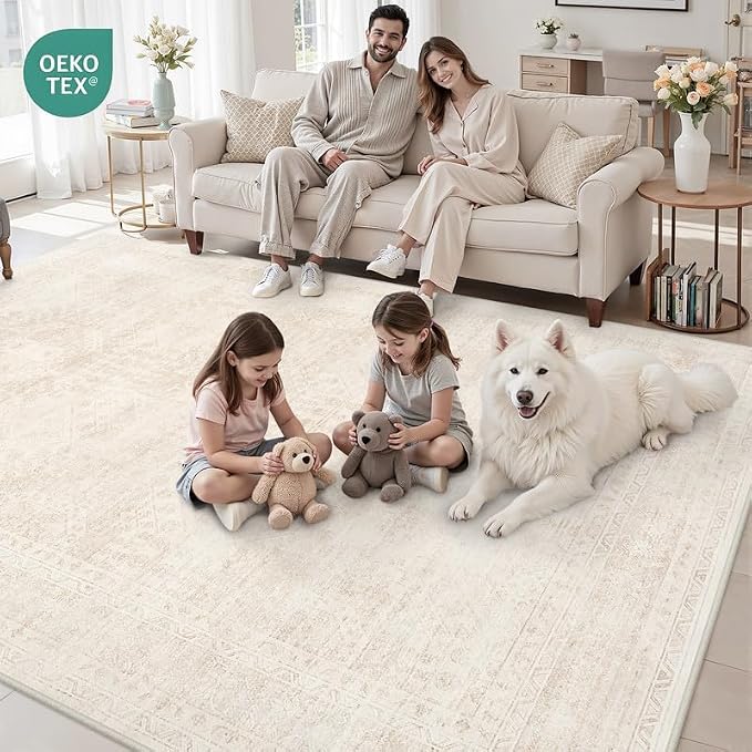 3x5 Area Rugs Living Room: Bedroom Neutral Washable Carpet Beige | Large Vintage Boho Indoor Decor Carpets Soft Nursery Farmhouse Dining Room Office Floor Non-Slip Low Pile Under Table Rug