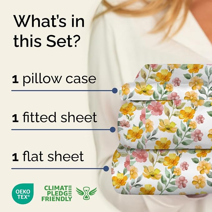 Twin 3 Piece Floral Sheet Set - Breathable & Cooling - Sun Kissed Bloom | 1 Flat, 1 Fitted & 1 Pillowcase w/ Deep Pockets, Boho Botanical Floral Bedding, Breathable & Cooling, Wrinkle & Fade Free