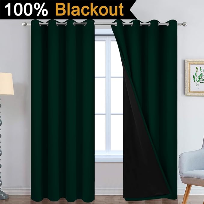 Yakamok Pine Tree Green 100% Blackout Curtains 84 Inches Long 52" Wide | Blackout Curtain Panels for Bedroom, 2 Thick Layers Grommet Top Thermal Insulated Drapes with Black Liner for Living Room