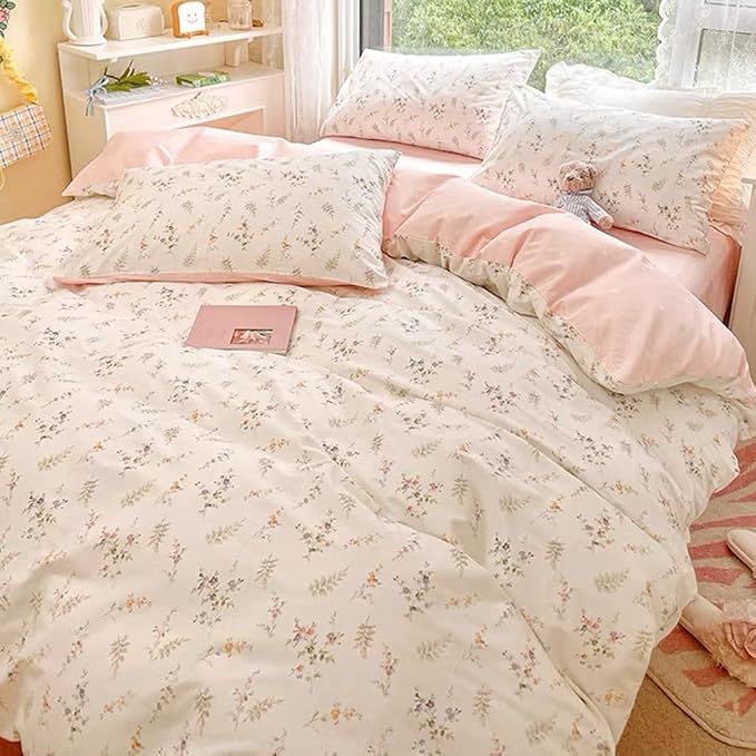 Nayoroom Floral Duvet Cover Set Full Pink White Botanical Flower Bedding | Reversible, Coquette Cottagecore Bedding, Soft Breathable Washed Microfiber, All-Season, Hidden Zipper, 4 Corner Ties