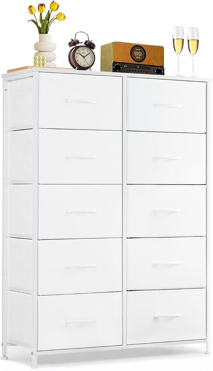 10-Drawer Dresser for Bedroom, Anti-Tip Tall Storage Organizer | Chest of Drawers with Wooden Top and Metal Frame Fabric Bins for Closet, Living Room, Hallway, Entryway, White