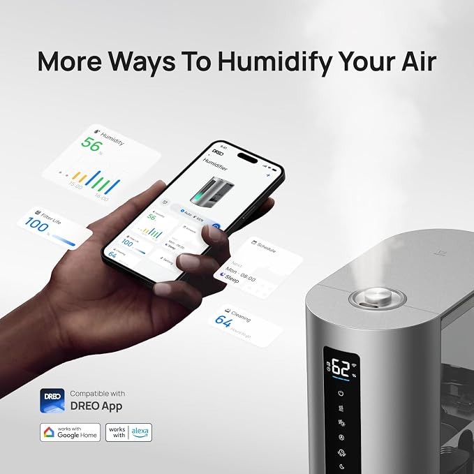 DREO 6L Smart Humidifiers for Bedroom, Warm & Cool Mist for Large Room | 60-Hour Quiet Runtime, 500ML/H Output, Smart Humidity Sensor, Indicator Light, App Control, Works with Alexa & Google, Silver