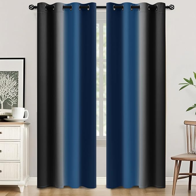 SimpleHome Ombre Blue and Black Room Darkening Curtains 84 inches Length | Bedroom Curtains,Grommet Gradient Light Blocking Window Curtains for Living Room,Thermal Insulated Drapes 2 Panels,52wx84L