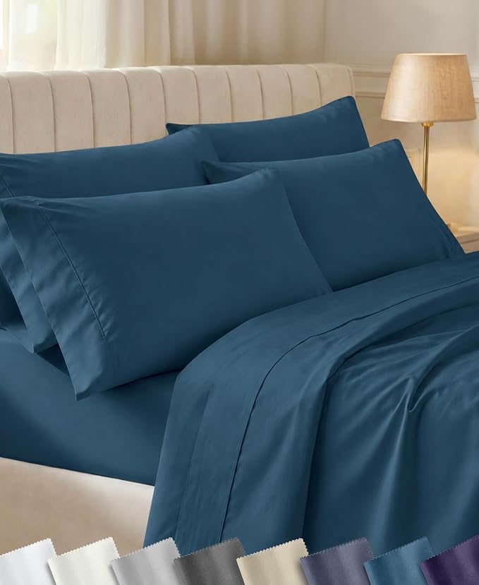 California Design Den 100% Cotton Sateen King Size Sheets, 6 Pc Set | 6 Pc with 4 Pillowcases, 400 Thread Count Backed by Good Housekeeping Seal, 16" Deep Pocket, All-Around Elastic, Peacock Blue