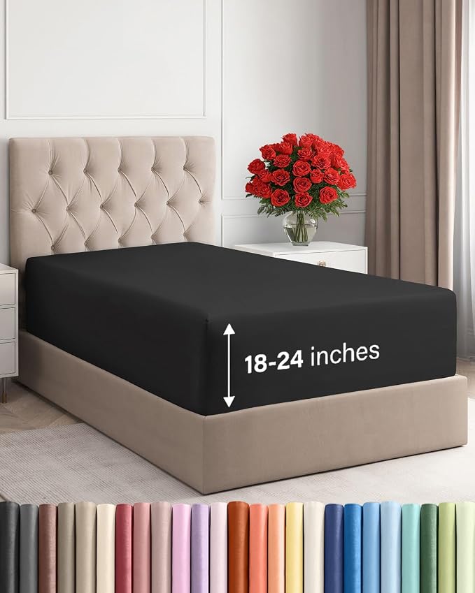 Extra Deep Twin Fitted Sheet - Single Fitted Sheet Only - Black | Easily Fits 18 inch to 24 inch Mattress, Soft, Wrinkle Free, Breathable & Comfy, Extra Deep Pockets Hotel Luxury Fitted Sheet