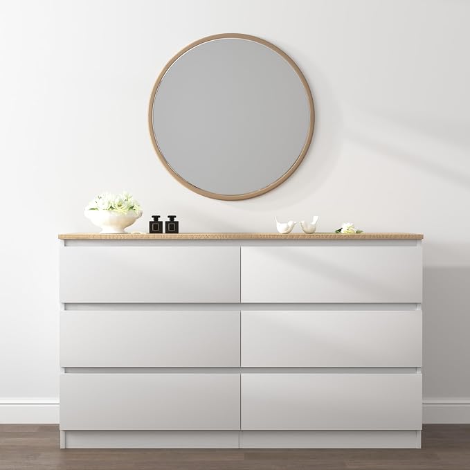 Vibe & Dine White Dresser for Bedroom, Modern 6 Drawer Double Dresser, Wide Chest of Drawers Free Handles for Closet, Living Room, Hallway