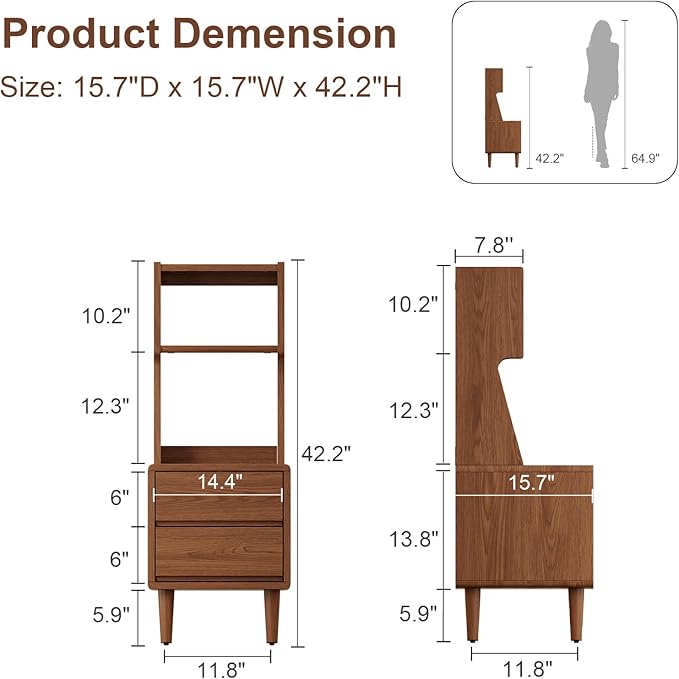 Solid Wood Bookshelf Nightstand Combo, Tall Nightstand with Bookshelf | Walnut Nightstand Bookshelf,Solid Wood Nightstand with Drawers,Open Shelf Bookcase,for Bedroom,Living Room,Offices