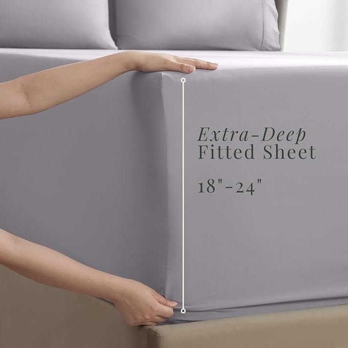 Hearth & Harbor Extra Deep Pocket Sheets - Fits Mattress 18-24 Inches Deep - Extra Deep Pocket California King Size - 6 Piece Cal King Sheets - Cal King, Light Lavender