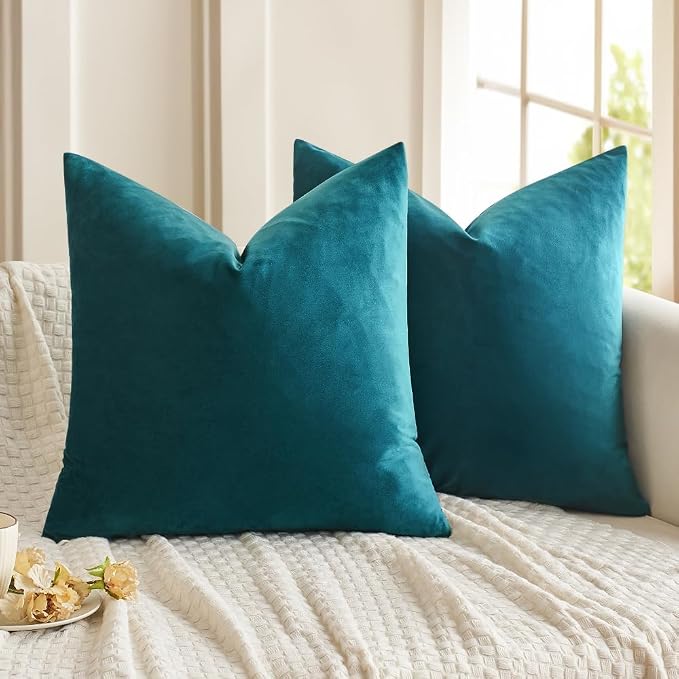 MIULEE 24x24 Inch Pack of 2 Euro Velvet Throw Pillow Covers Teal | Soft Solid Decorative Euro Sham, Modern Luxury Home Decor, for King Bed Sofa Couch Bedroom Livingroom