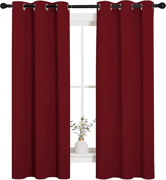 NICETOWN Christmas Window Curtains, 1 Pair, 34 by 63-in, Burgundy Red | Blackout Drapes, Thermal Insulated Solid Grommet Blackout Curtains/Draperies for Living Room