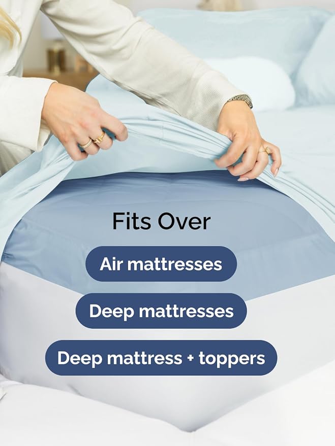 Extra Deep Queen Fitted Sheet - Single Fitted Sheet Only - Ice Blue | Easily Fits 18 inch to 24 inch Mattress, Soft, Wrinkle Free, Breathable & Comfy, Extra Deep Pockets Hotel Luxury Fitted Sheet