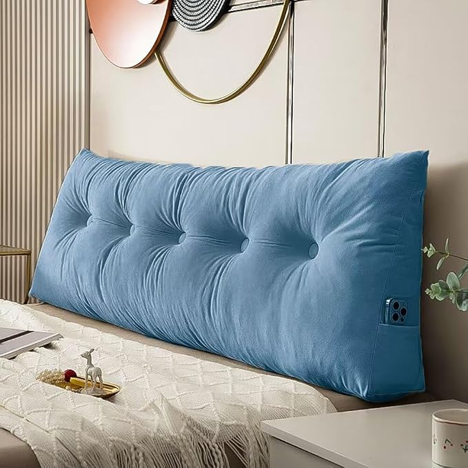 Wedge Headboard Pillow Twin XL, College Dorm Essentials Bed Reading | 39.4*15.7*5 in, back rest, lumbar support, sleeping & reading pillow, plush velvet cover, pp cotton inner, side pockets, blue