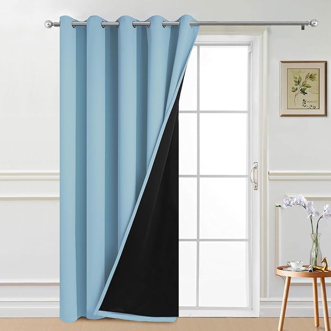 Yakamok Sky Blue Blackout Patio Door Curtain Panels W70 x L84, 1 Panel | Noise Reducing Barrier Panel for Sliding Glass Door, 2 Thick Layers Heat Full Light Blocking Patio Door Drapery
