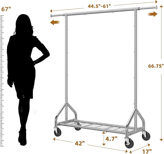 Simple Trending Heavy Duty Clothes Rack, Extensible Clothing Rack, Silver | Garment Rack Load 450 LBS, Portable Closet with Mesh Bottom Shelf, 360° Lockable Wheels, Bedroom, Laundry Room