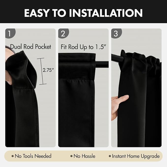 MIULEE 4 Panel Set Short Bedroom Blackout Curtains 54 Inch Long Black | Thermal Curtains for Summer Heat, Light Blocking Privacy Window Drapes, Top&Bottom Rod Pocket