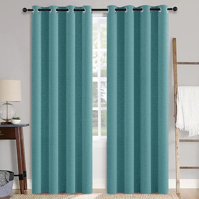 MIULEE 100% Blackout Linen Curtains for Bedroom 52x96 Inches Teal | Room Darkening, Light Blocking, Thermal Insulated, Grommet Top, Linen Textured, Window Curtains for Living Room, 2 Panels