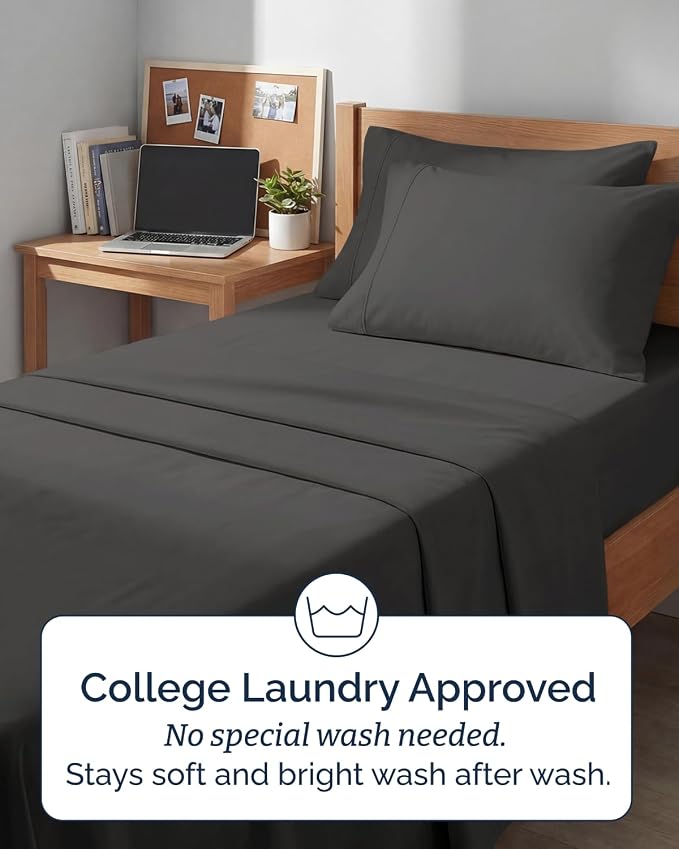 Extra Deep Twin XL Sheet Set - 4 Piece College Dorm Room - Charcoal | College Dorm Room Essentials, Easy & Secure Fit, Ultra-Soft, Wrinkle & Fade Free, Comfy Sheets Set with Extra Deep Pockets