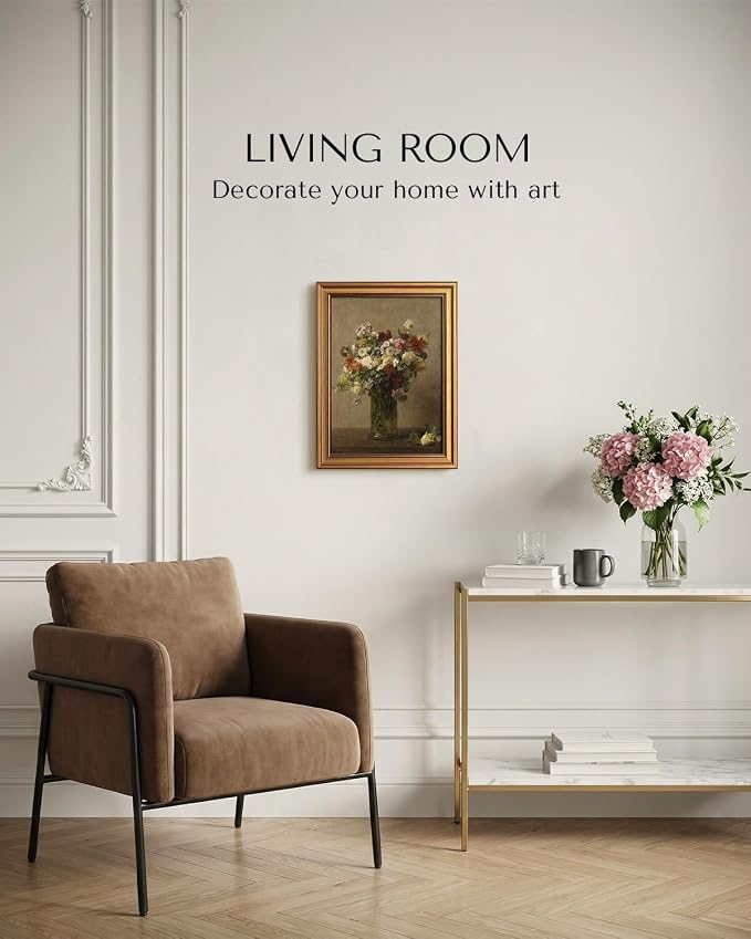 VIYYIEA Vintage Gold Framed Wall Art for Living Room, Flowers Canvas Prints Home Decor, Oil Painting Picture, Bedroom Wall Decor Gifts for Friends or Family -【A bottle of flowers】-(16L x 12W)
