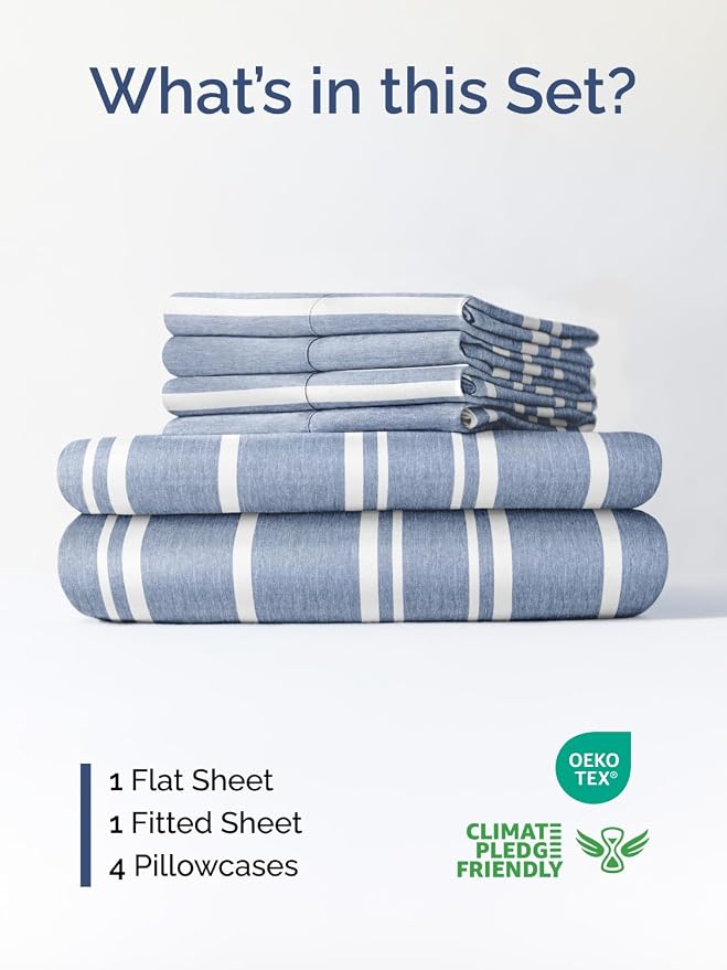 Extra Deep Queen Sheet Set - 6 Piece Breathable & Cooling - Blue Stripes | Hotel Luxury Bed Sheets Set, Easy & Secure Fit, Ultra-Soft, Wrinkle & Fade Free, Comfy Sheets Set with Extra Deep Pockets
