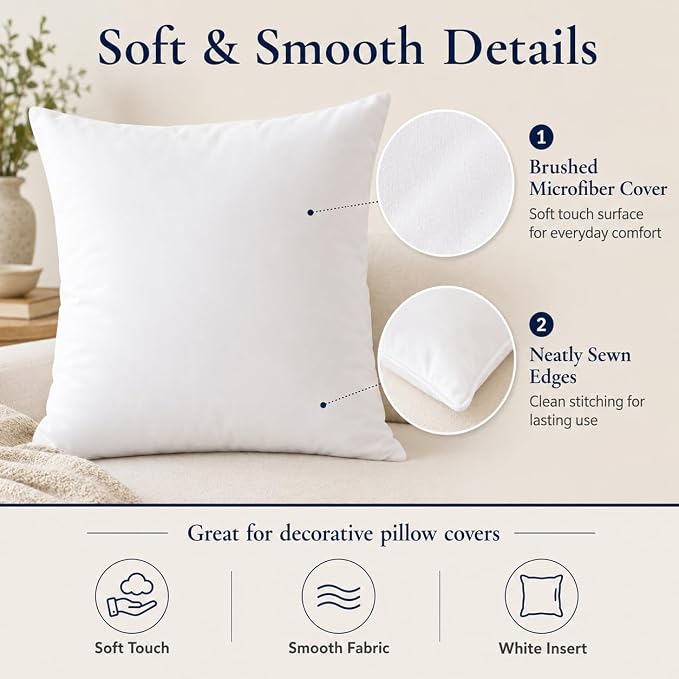 Calibrate Timing 20 x 20 inches Pillow Inserts, Set of 4 Hypoallergenic Brushed Microfiber Liner Down Alternative Filled Square Cushion Throw Pillow