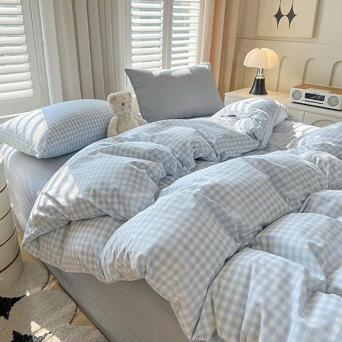 Nayoroom Gingham Duvet Cover Set Full Blue White Plaid Checkered Bedding | Soft Breathable Washed Microfiber, All-Season Comfort, Hidden Zipper, 4 Corner Ties, Modern Farmhouse Coastal, Dorm Bedding