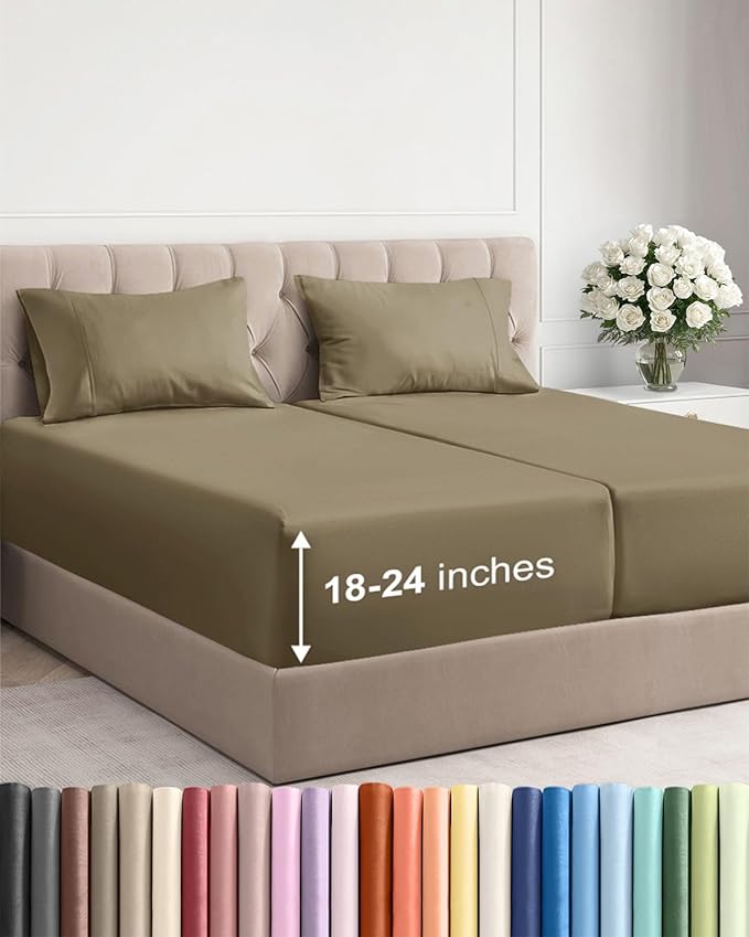 Extra Deep Split King Sheet Set - 5 Piece Breathable Cooling Sheets - Khaki | Easily Fits 18 to 24 inch Mattress - Ultra Soft, Wrinkle & Fade Free with Extra Deep Pockets - Comfy Hotel Luxury Bedding