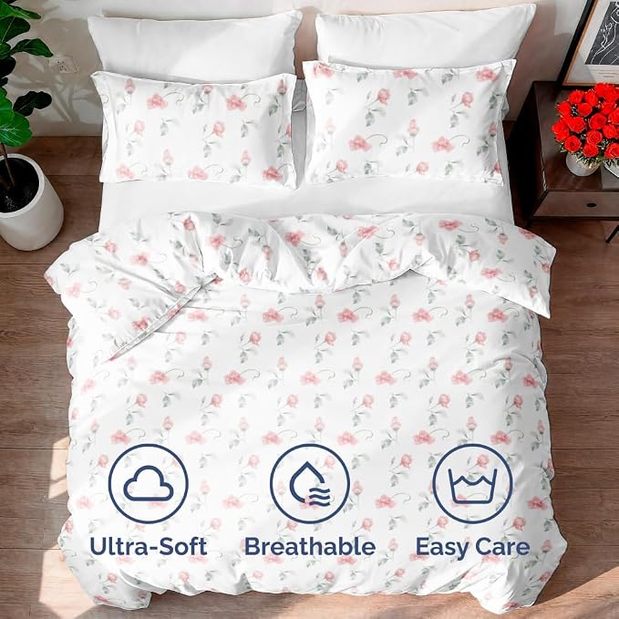 Duvet Cover King Size - Soft Floral Duvet Cover - 3 Piece - Rosebud | Soft Floral Duvet Cover 104 x 90 with 2 Pillow Shams, Zipper Closures & Ties, Floral Bedding for Women, Men, Kids & Teens