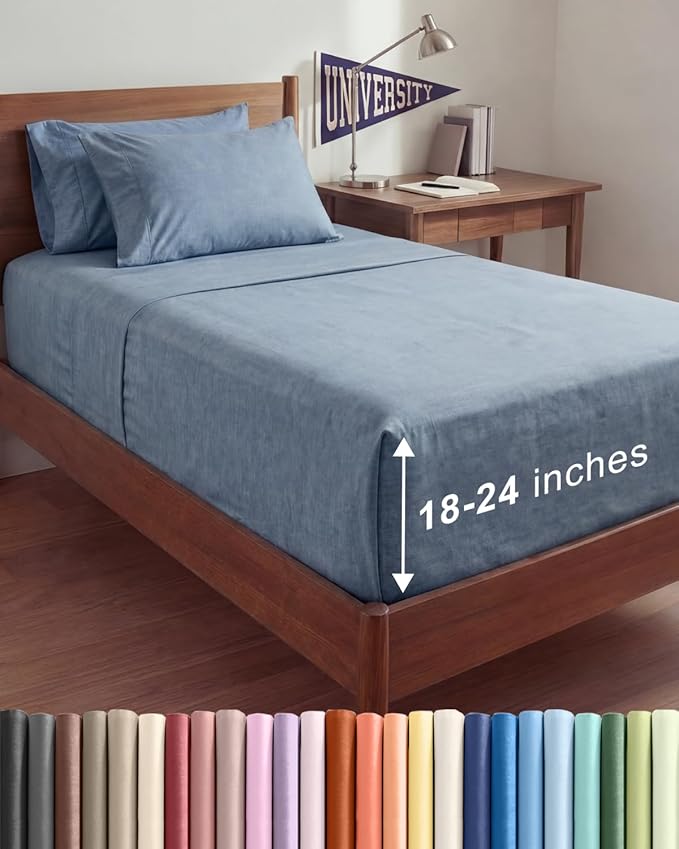 Extra Deep Twin XL Sheet Set - 4 Piece College Dorm Room - Heathered Blue | College Dorm Room Essentials, Easy & Secure Fit, Ultra-Soft, Wrinkle & Fade Free, Comfy Sheets Set with Extra Deep Pockets